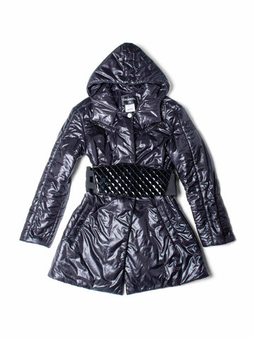 Top Quality Chanel CC Logo Hooded Patent Leather Belt Puffer Coat Black