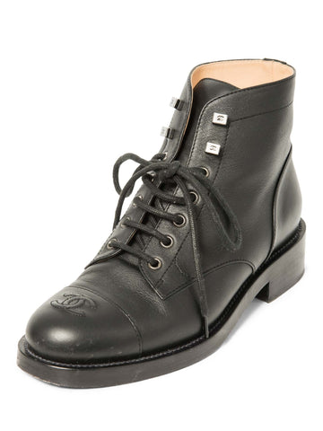 Top Quality Chanel CC Logo Leather Lace Up Cap Toe Boots Black