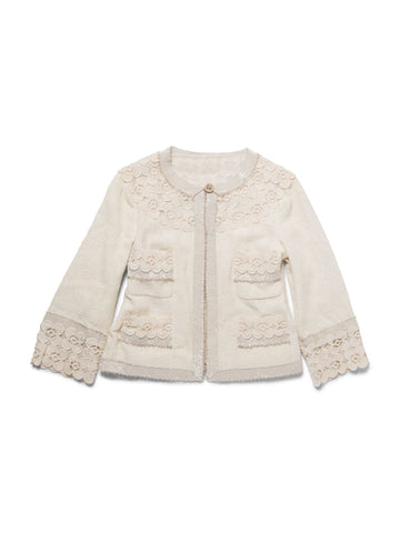 Top Quality Chanel CC Logo Lesage Tweed Camellia Beaded Fringe Jacket Ivory