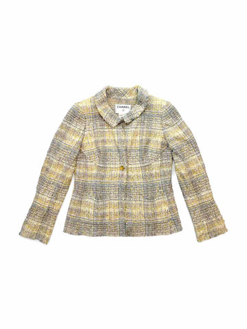 Top Quality Chanel CC Logo Lesage Tweed Fringe Jacket Grey Yellow