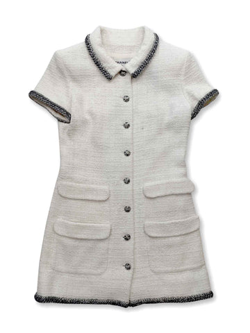 Top Quality Chanel CC Logo Lesage Tweed Fringy Fitted Mini Dress White