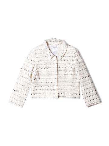 Top Quality Chanel CC Logo Lurex Tweed Cropped Jacket Ivory Black