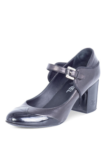 Top Quality Chanel CC Logo Mary Jane Cap Toe Block Heels Black