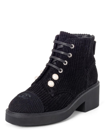 Top Quality Chanel CC Logo Pearl Lace Up Corduroy Boots Black