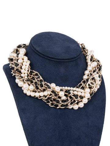 Top Quality Chanel CC Logo Pearl Multi Chain Choker Necklace Gold