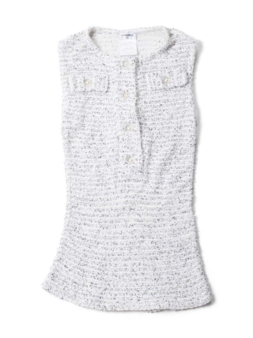 Top Quality Chanel CC Logo Pearl Tweed Fringe Sleeveless Blouse White