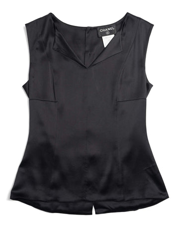 Top Quality Chanel CC Logo Satin Silk V-Neck Blouse Black