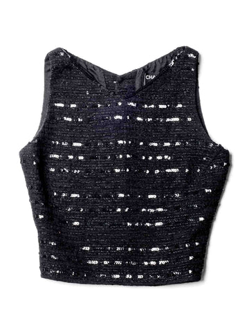 Top Quality Chanel CC Logo Sequin Tweed Cropped Top Black