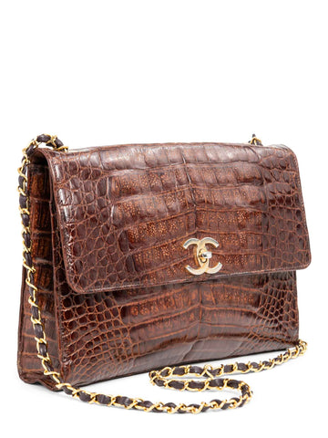 Top Quality Chanel CC Logo Shiny Crocodile Jumbo Flap Messenger Bag Brown