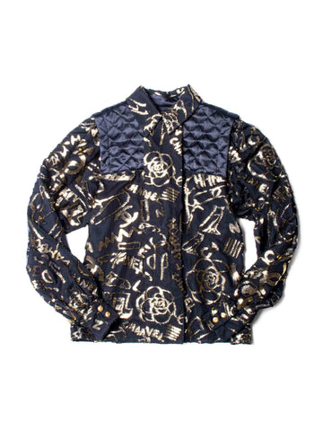 Top Quality Chanel CC Logo Silk New York Graffiti Button Up Blouse Black Gold