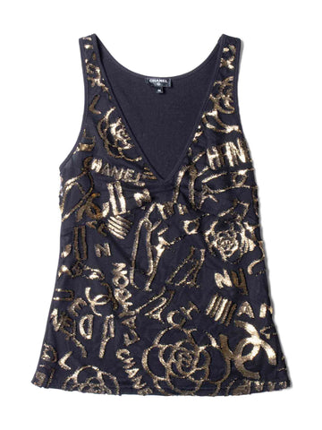 Top Quality Chanel CC Logo Silk New York Graffiti Sleeveless Top Black Gold