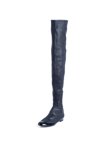 Top Quality Chanel CC Logo Stretchy Leather Cap Toe Over The Knee Boots Black