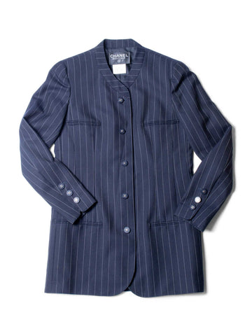 Top Quality Chanel CC Logo Striped Jacket Navy Blue