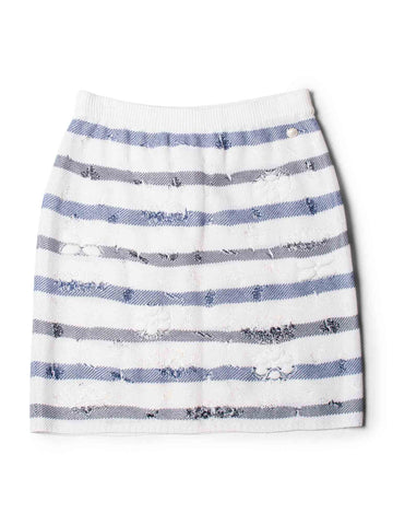 Top Quality Chanel CC Logo Striped Knit Distressed Camellia Skirt White Navy Blue