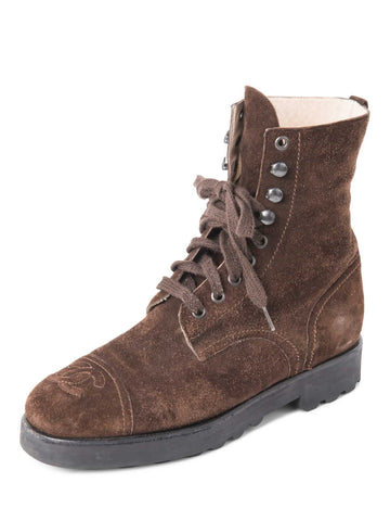Top Quality Chanel CC Logo Suede Biker Boots Brown