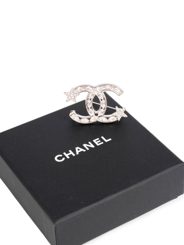 Top Quality Chanel  CC Logo Swarovski Crystal Star Pin Brooch Silver