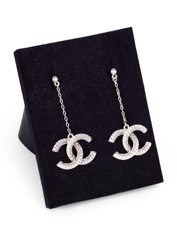 Top Quality Chanel CC Logo Swarovski Crystals Drop Earrings Silver