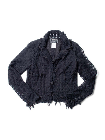Top Quality Chanel CC Logo Tweed Fringe Camellia Jacket Black