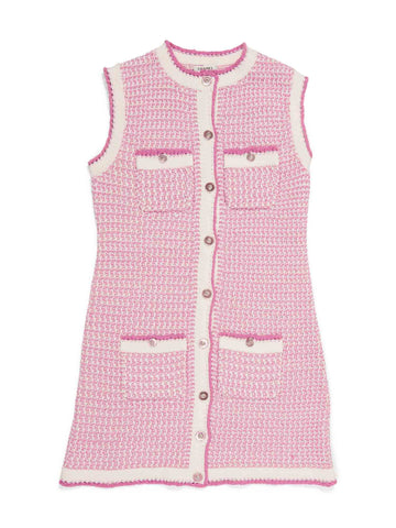 Top Quality Chanel CC Logo Tweed Fringe Mini Dress Pink White