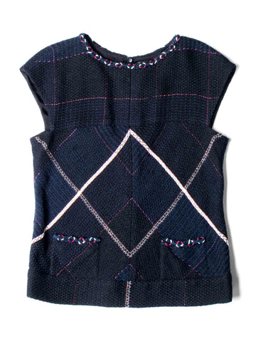 Top Quality Chanel CC Logo Tweed Fringe Top Black Navy Blue