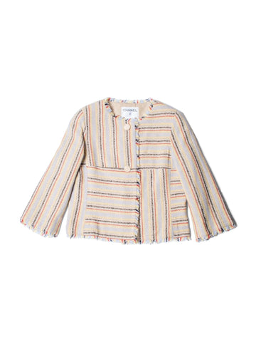 Top Quality Chanel CC Logo Tweed Fringy Fitted Jacket Beige