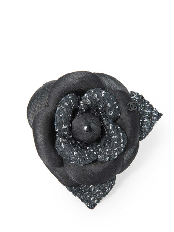 Top Quality Chanel CC Logo Tweed Silk Camellia Brooch Black White