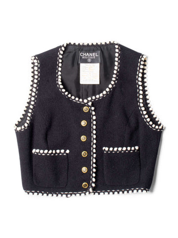 Top Quality Chanel CC Logo Tweed Wool Fringe Vest Black White