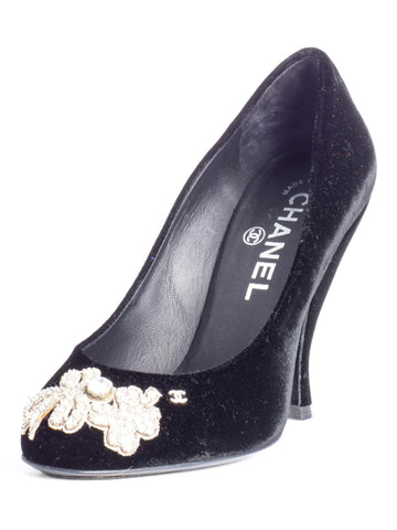 Top Quality Chanel CC Logo Velvet Crystal Heels Black
