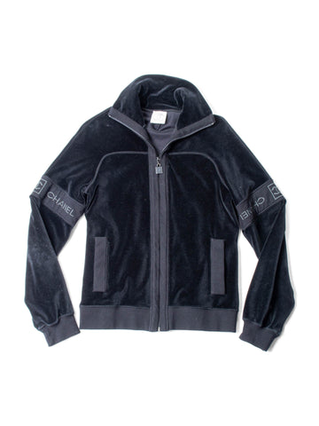 Top Quality Chanel CC Logo Velvet Zip Up Sweatshirt Black
