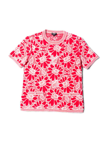 Top Quality Chanel CC Logo Wool Cotton Floral Eyelet Embroidered Top Pink White