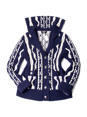 Top Quality Chanel Cable Knit Cashmere Sparkly Nautical Cardigan Blue White