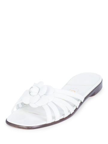 Top Quality Chanel Cameilla Leather Slip On Strap Sandals White