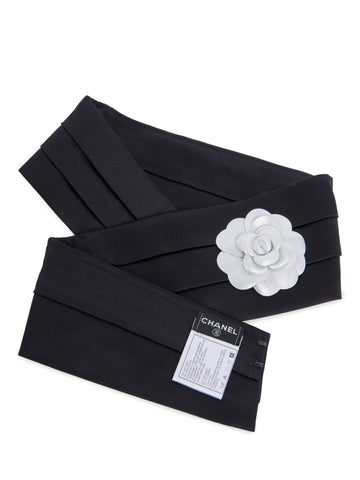 Top Quality Chanel Camelia Pleated Satin Silk Belt Black