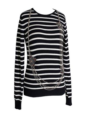 Top Quality Chanel Cashmere Long Chain Necklace Striped Sweater Black White