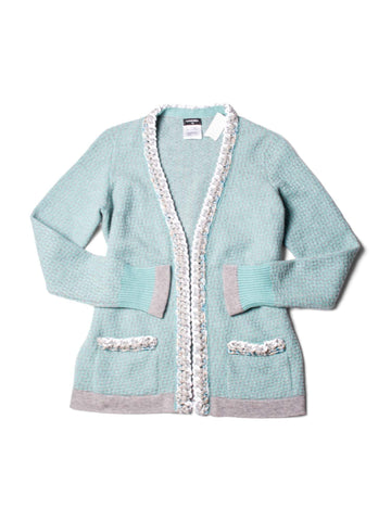 Top Quality Chanel Cashmere Lurex Tweed Chain Cardigan Aqua Grey