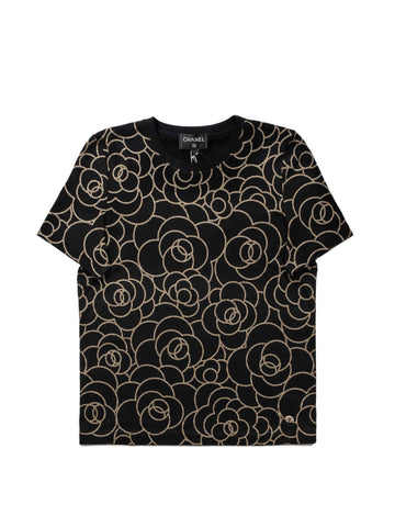 Top Quality Chanel Cotton CC Logo Camellia Tee Shirt Gold Black