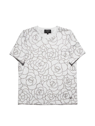 Top Quality Chanel Cotton CC Logo Camellia Tee Shirt Silver White