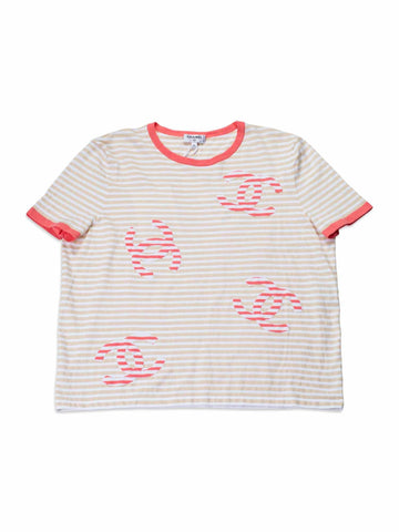 Top Quality Chanel Cotton CC Logo Stripe Top Tan Pink EU 42