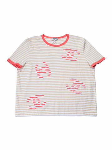 Top Quality Chanel Cotton CC Logo Stripe Top Tan Pink EU 46