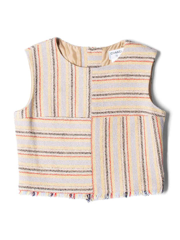 Top Quality Chanel Cruise CC Logo Wooden Buttons Tweed Fringy Top Beige