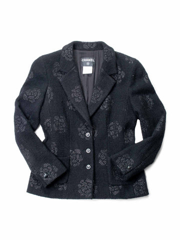 Top Quality Chanel Fantasy Tweed Camellia Flower Embroidered Jacket Black