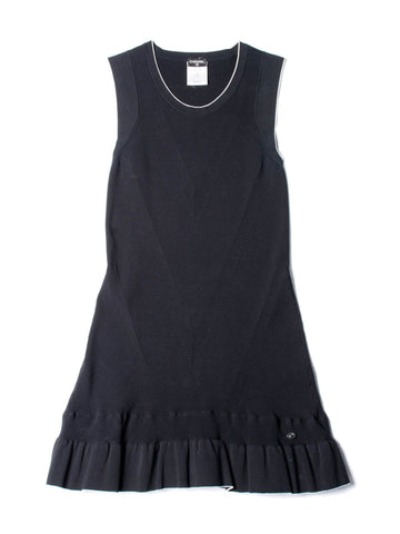 Top Quality Chanel Knitted CC Logo Ruffled Mini Dress Navy Blue