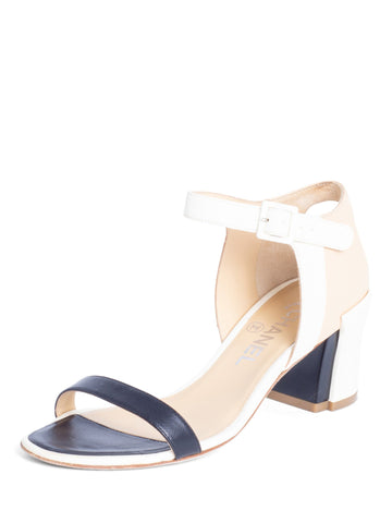 Top Quality Chanel Leather CC Logo Block Heel Ankle Strap Sandals Ivory Tan Black