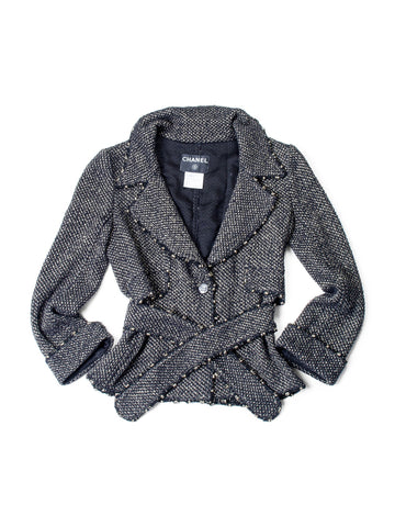 Top Quality Chanel Lesage Tweed Fringe Fitted Belted Jacket Gold Black