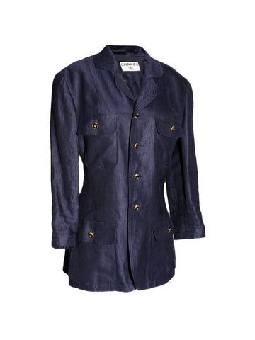 Top Quality Chanel Linen CC Logo Fitted Jacket Blue