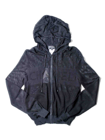 Top Quality Chanel Logo Mesh Knit Zip Up Hoodie Sweater Black