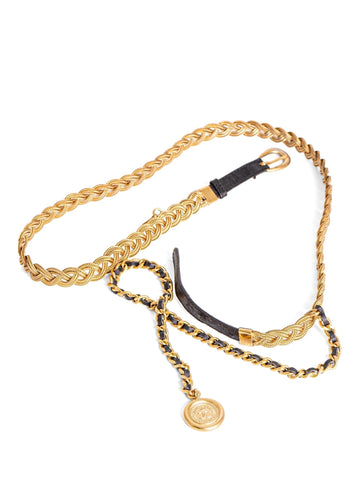 Top Quality Chanel Medallion 24K Gold Multi-Chain Leather Belt Black