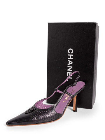 Top Quality Chanel Perforated Leather CC Logo Sling Back Shoes Black