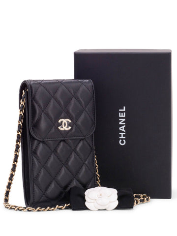 Top Quality Chanel Quilted Leather Camellia Phone Messenger Bag Black