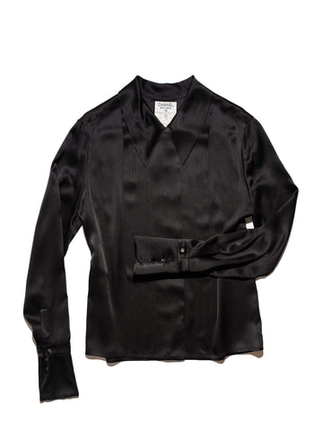 Top Quality Chanel Satin Silk Pleated Blouse Black